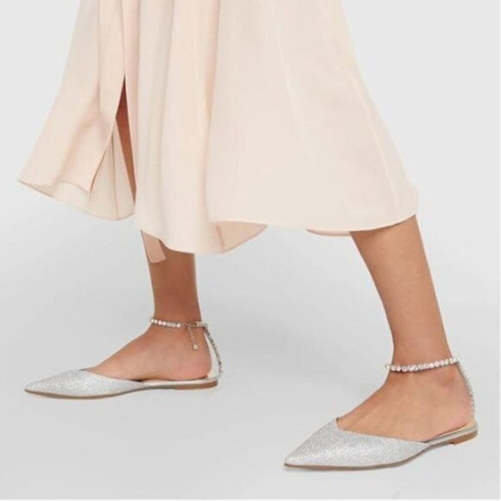 XYD Glitter Silver Pointed Toe Crystal Rhinestone Ankle Strap Flat Comfy Shoes